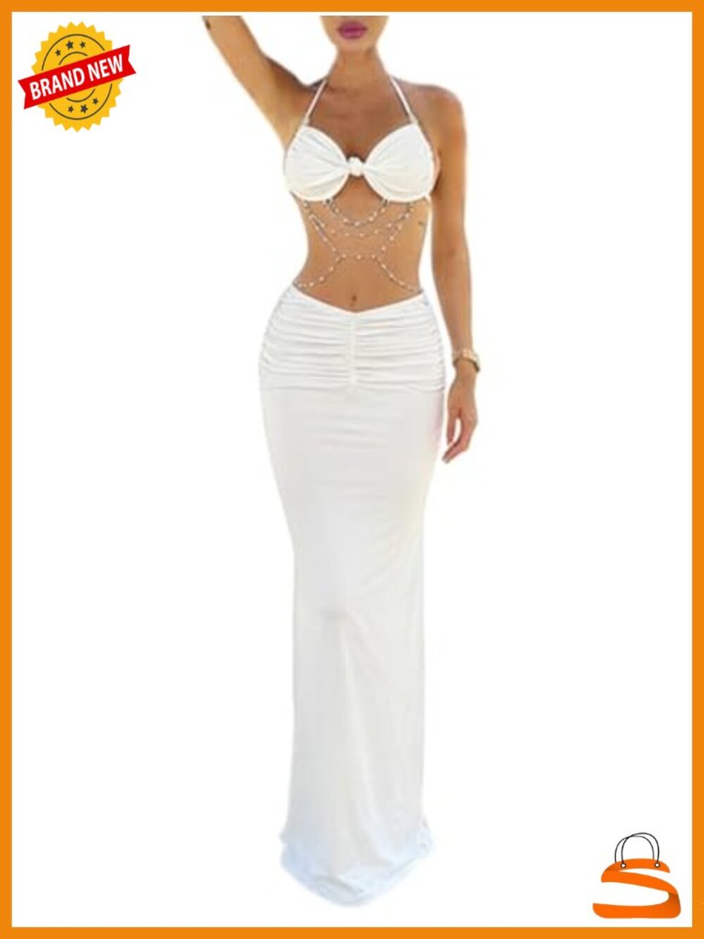 2 Piece Skirt Set Women Maxi Halter Crop Top Ruched Bodycon Pearls Chain Decor